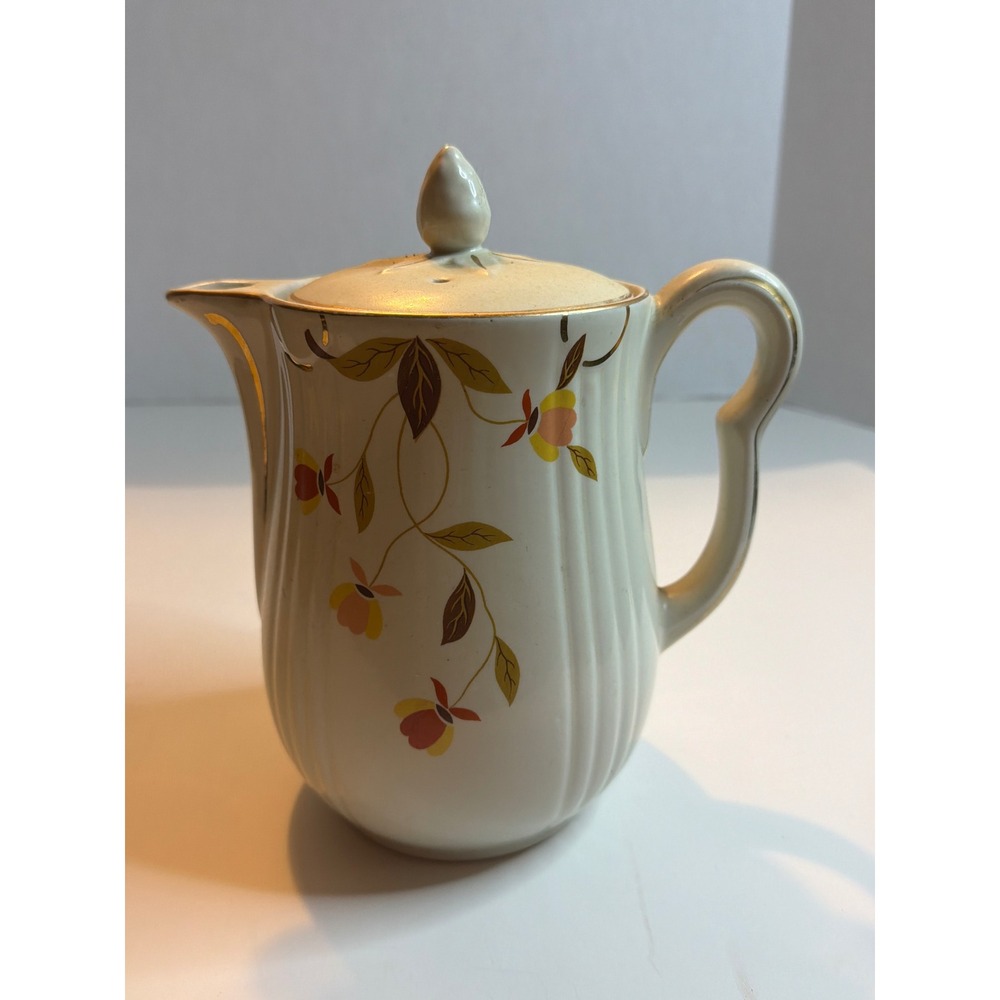 Vintage Floral Ceramic Coffee Pot with Gold Trim and Lid Ribbed Body